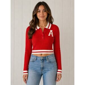 Red Varsity A Letter Sweater Polo Y2K Preppy Junior XL Collegiate Schoolcore